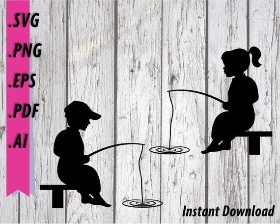 Little Boy Fishing SVG / Little Girl Fishing SVG Silhouettes. Boy and Girl  holding Fishing Pole Clipart