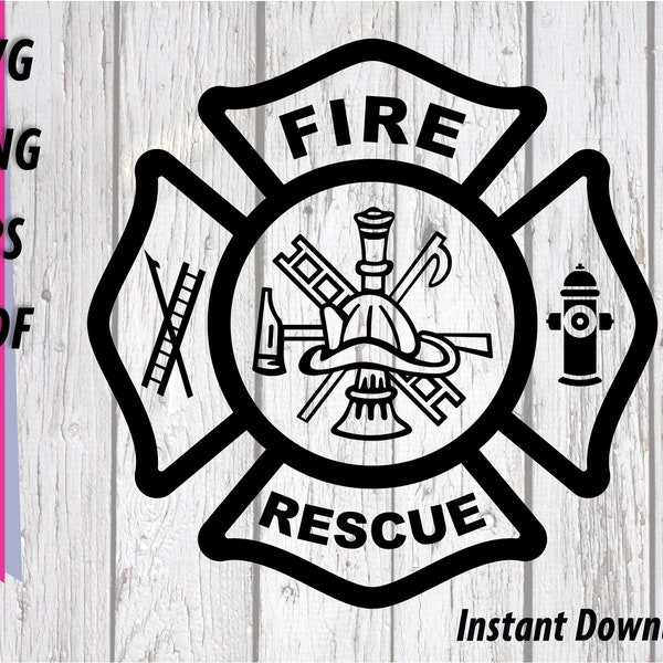 Fire Rescue Emblem on Maltese Cross SVG - Firefighter Clipart for Cutting Machines - Commercial Use Included