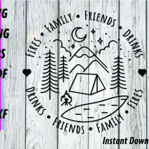 Camping SVG - Amigos, família, diversão, bebida, design de peso de linha única - clipart minimalista de acampamento de fogueira