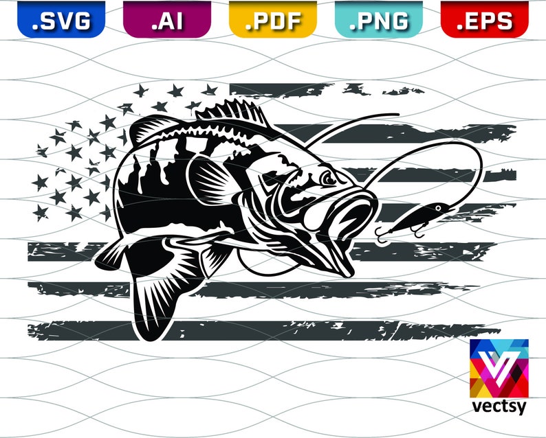 Bass Fishing SVG U.S. Flag with Fish Angler fishing Bass | Etsy