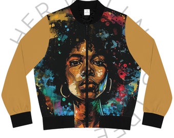 Bomber Jacket For Women Afro Black Girl Bomber Jacket With Black and Gold Sleeves Bomber Jacket Pattern, Afro Women Varsity Jacket