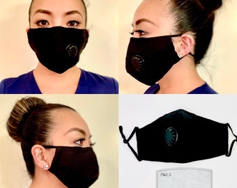 Breathable Washable Reusable Black Face Mask Durable Elastic Ear Loop for Easy Fitting with Breathable Valve, Nose Wire and Filter Pocket