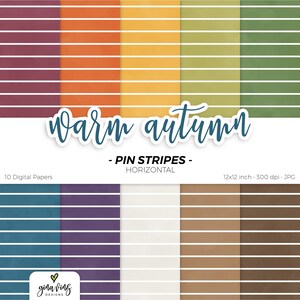 May include: Digital paper set featuring horizontal pin stripes in warm autumn colors. The design includes stripes in shades of burgundy, orange, yellow, green, and brown. The text "Warm autumn" is displayed in a script font.