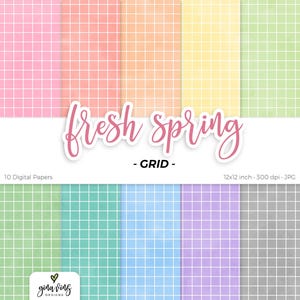 May include: Ten digital papers with a grid pattern in pastel colors. The colors are pink, orange, yellow, green, blue, purple, and gray. The papers are 12x12 inches and 300 dpi. The text "fresh spring - GRID -" is at the top of the image.