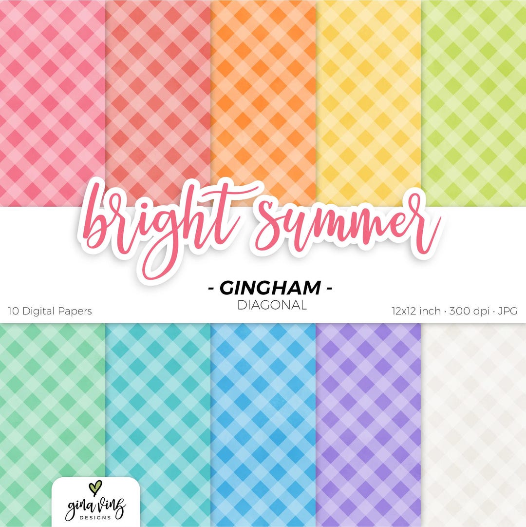 Bright Summer Gingham Diagonal Digital Paper Pack Rainbow Seamless ...