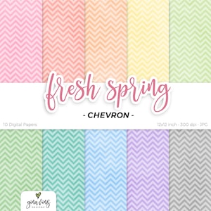 May include: Ten digital papers with chevron patterns in pastel colors, including pink, peach, yellow, green, blue, purple, and gray. The papers are 12x12 inches and 300 dpi. The text "fresh spring - CHEVRON -" is in pink cursive lettering.