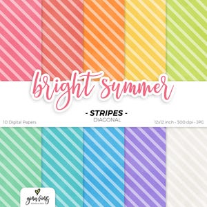 May include: A collection of ten digital papers with diagonal stripes in various colors, including pink, orange, yellow, and green. The words "bright summer" are written in a cursive font, with the text "STRIPES - DIAGONAL" below. Each paper is 12x12 inches.