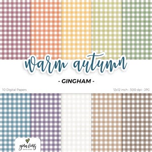 May include: Ten digital papers featuring a gingham pattern in shades of purple, orange, green, and brown. The image includes the text "Warm autumn" and "GINGHAM". Each paper measures 30.48 x 30.48 cm.