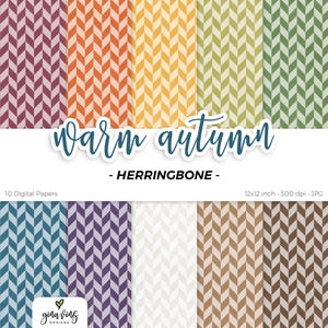 May include: Ten digital papers with a herringbone design in warm autumn hues. The papers showcase shades of purple, orange, yellow, green, brown, and white. The text "Warm autumn" and "Herringbone" are displayed.