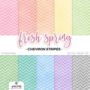 May include: Ten digital papers with chevron stripes in pastel colors, including pink, orange, yellow, green, blue, purple, and gray. The papers are 12x12 inches and 300 dpi. The text "fresh spring" is written in pink cursive letters above the papers.