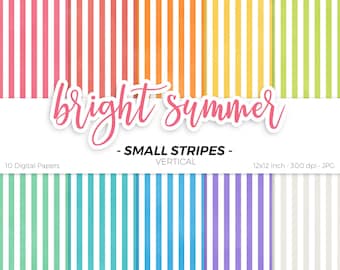 Bright Summer Small Vertical Stripes Digital Paper Pack Rainbow Seamless Repeat Pattern Geometric Printable Scrapbook Paper Background