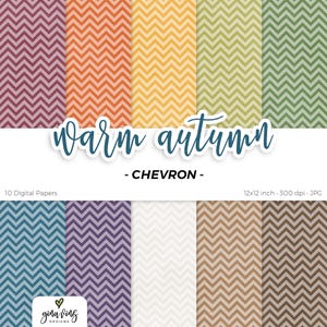 May include: Ten digital papers with chevron patterns in warm autumn colors. The colors include purple, orange, yellow, green, blue, brown, and white. The papers are 12x12 inches and 300 dpi.