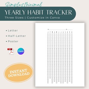 Yearly Habit Tracker - PRINTABLE Journal Page, Digital Planner, Annual Habit Challenge, Goal Tracker, Canva Template, Letter & Poster Size