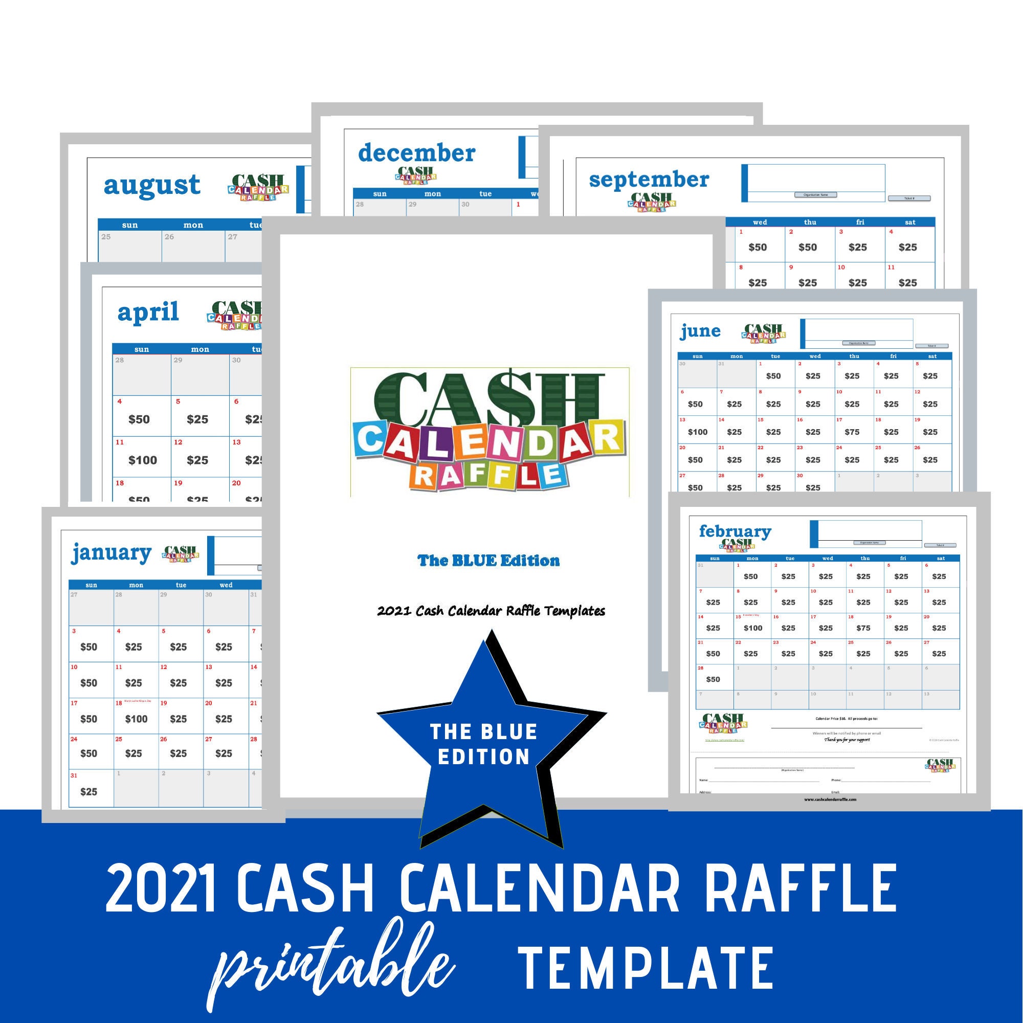 Cash Calendar Raffle Template 2021 the BLUE Edition Etsy UK