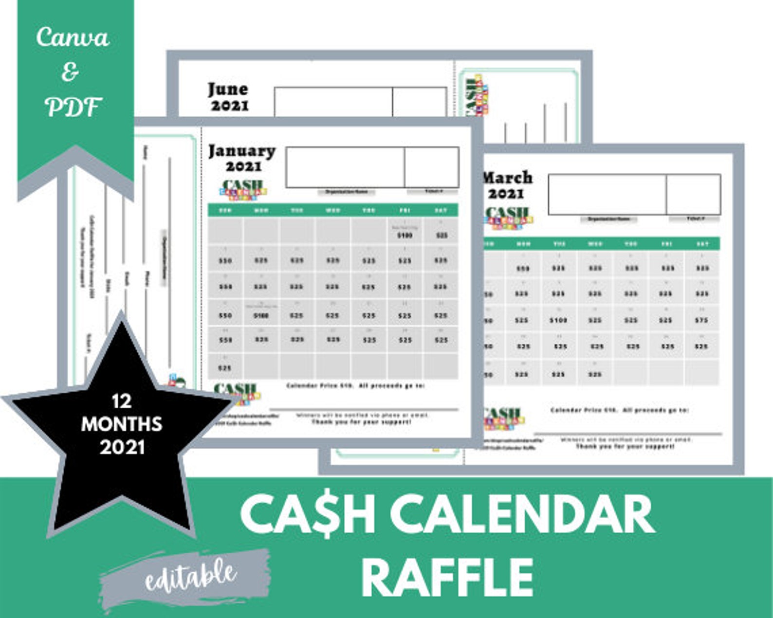 Cash Calendar Raffle Template 2021 Editable CANVA Template Etsy