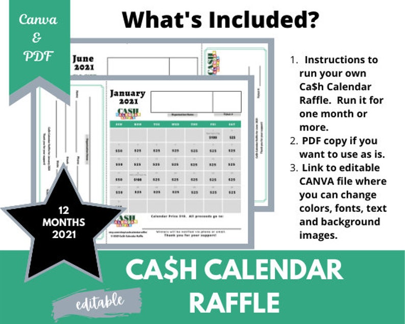 Cash Calendar Raffle Template 2021 Editable CANVA Template Etsy Cash Calendar Raffle Template 2021 Editable CANVA Template Etsy