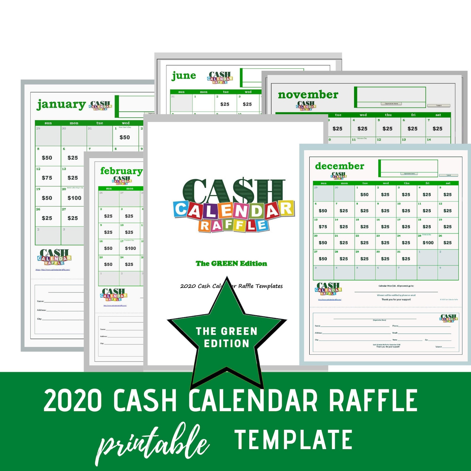 Cash Calendar Raffle Template 2020 The GREEN Edition Etsy