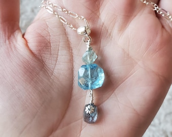 Aquamarine Necklace, Blue Tourmaline Pendant, Sterling Silver Gemstone Pendant