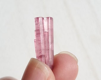 May include: A pink, translucent, elongated crystal with striations. The crystal is held in a hand.