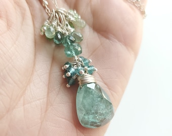 Blue Tourmaline Emerald Gemstone Pendant Sterling Silver Chain Necklace