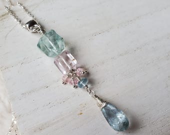 Aquamarine Pendant, Kunzite Pendant With Pink Tourmaline, Sterling Silver Gemstone Pendant