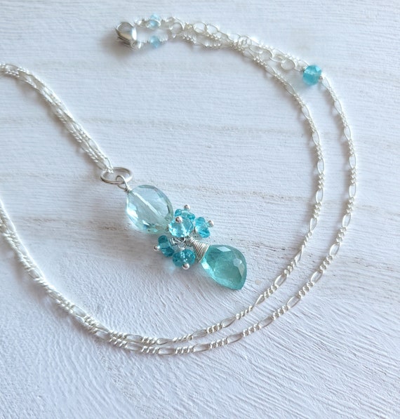 Blue Tourmaline Necklace, Aquamarine Pendant With Blue Apatite, Sterling Silver Gemstone Necklace
