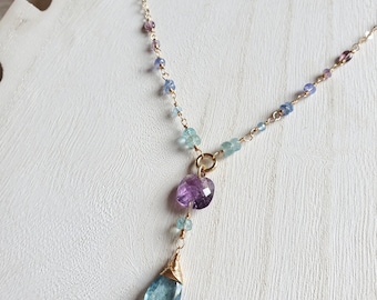 Aquamarine Pendant With Amethyst And Zambian Emeralds, Gemstone Necklace, Sapphire Necklace, 14k Gold Jewelry