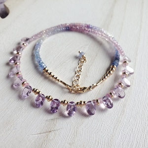 14K Gold Sapphire Necklace With Amethyst, Ombre Gemstone Necklace