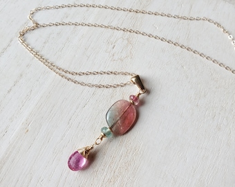 14K Gold Tourmaline Pendant, Pink Sapphire Pendant