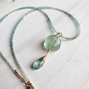 14K Gold Blue Tourmaline Necklace, Sapphire Necklace, Green Beryl Pendant