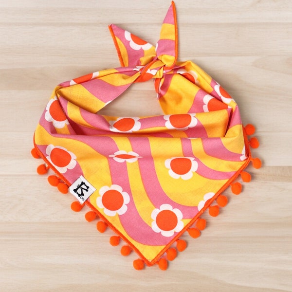 Retro Groovy Dog bandana, colorful pom pom pet bandana, dog bandana girl, trendy pet bandana, cute dog stuff summer dog bandana