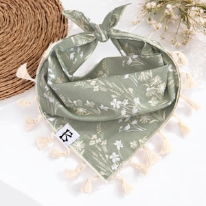 Floral Dog Bandana: Sage Green Cotton Scarf with Tassel Trim