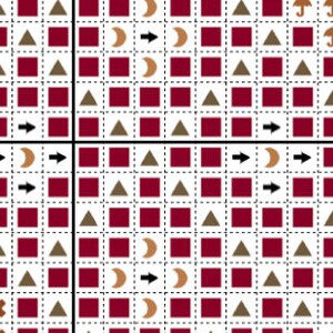 May include: A red and brown cross stitch pattern with a variety of symbols, including arrows, moons, triangles, and squares.