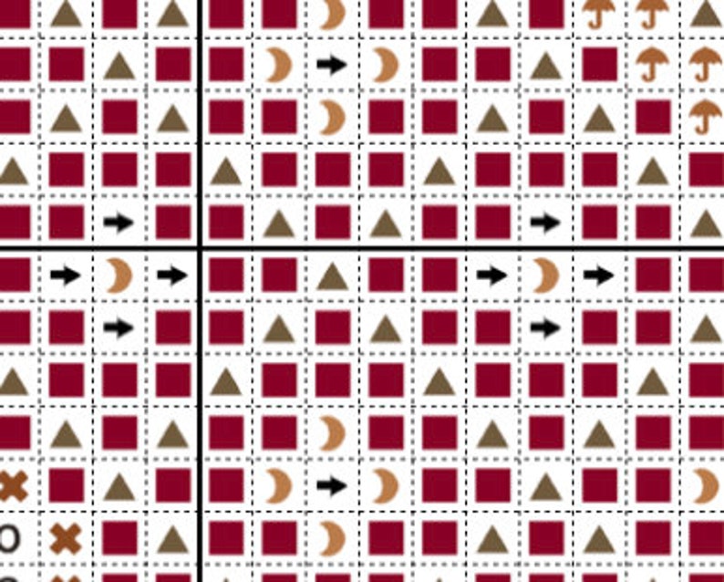 May include: A red and brown cross stitch pattern with a variety of symbols, including arrows, moons, triangles, and squares.