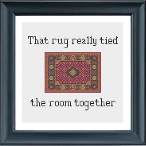 May include: A white background with the text "That rug really tied the room together" and a picture of a colorful rug.