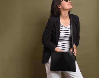 Black crossbody leather bag for women. Detachable strap, clutch ipad leather purse. Travel Bag for e-reader. Good bag for moms and students.