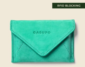 Women's RFID wallet. Mint Green leather envelope wallet for cards and cash, slim. Cute girl and mom wallet. Minimalist, RFID Blocking