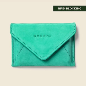 Carteira RFID feminina. Carteira envelope de couro Verde Menta para cartões e dinheiro, fina. Linda carteira de menina e mãe. Minimalista, bloqueio de RFID