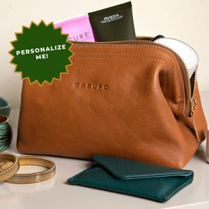 Handmade Leather Toiletry Bag: Tan Travel Dopp Kit, Vegetable Tanned