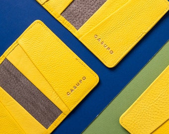 Yellow leather wallet for women. Small bright compact cardholder for concerts, mother's day gift. Fun small wallet for men.