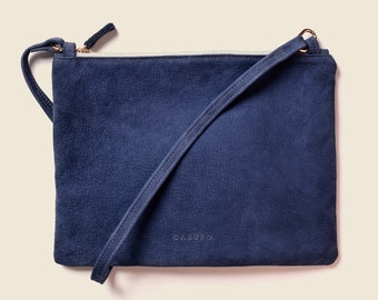 Navy blue suede leather crossbody bag with long strap for women. Clutch, party, wedding, graduation gift. Mom bag. Ipad, kindle bag