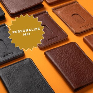 Monogrammierbare Geldklammer aus Leder für Männer. Dünne, kleine Geldklammer. Kompakter Kartenhalter. Schlanke faltbare Tasche für Bargeld. Weihnachtsgeschenk für einen Mann