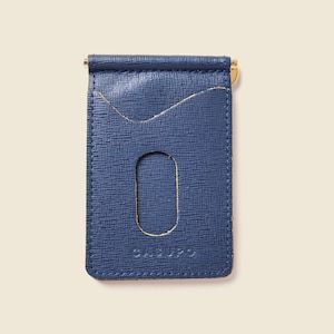 Cartera de clip de dinero para hombres. Cartera delgada de cuero verde oliva con clip de dinero. Titular de tarjeta compacto. Bifold delgado para efectivo. Cuero amarillo y azul