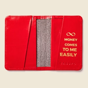 Red RFID wallet with abundance affirmation. Wallet for good fortune and prosperity with money message inside. Red and Gold wallet gift