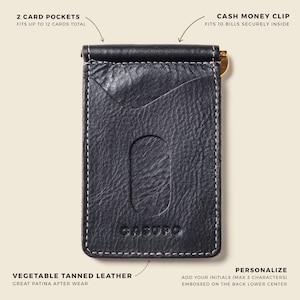 Regalo de aniversario. Billetero compacto hombre. Cartera de piel negra con clip para billetes. Pinza para billetes minimalista para hombre. Tarjetero fino para bolsillo delantero.
