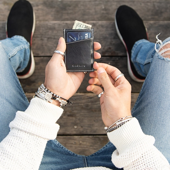 Thin Black Leather Wallet for Men. Minimalist Cardholder for 