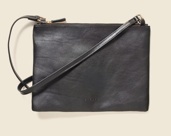 Black crossbody leather bag for women. Detachable strap, clutch ipad leather purse. Travel Bag for e-reader. Good bag for moms and students.