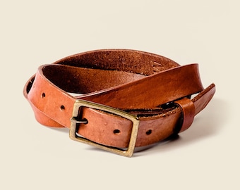 Men's leather belt, dressy sleek belt for guys. Pants, denim, khakis, stylish brown belt with brass buckle. Natural honey belt for women.