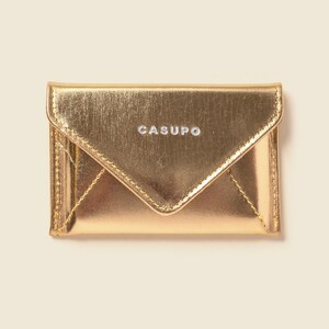 Cartera RFID para mujer en dorado metalizado. Sobre de cuero dorado espejado para tarjetas y efectivo, delgada. Monedero lindo para niñas y mamás. Minimalista, con bloqueo RFID