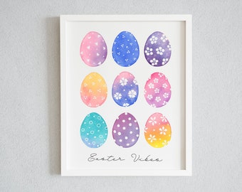 Watercolour Eggs Art Print, colourful wall art for spring decor, Easter vibes